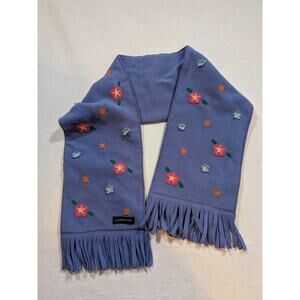 Lands End Kids Fleece Scarf Blue Embroidered Flowers Fringe
